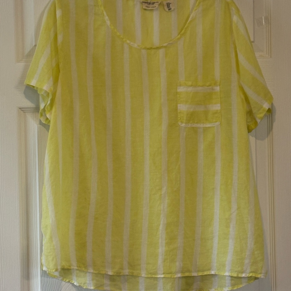 Christian Siriano Linen Top in Yellow and White Stripe